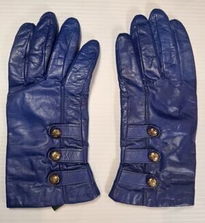 Lauren Ralph Lauren Blue Leather Gloves Womens L Gold Crest Buttons Lined